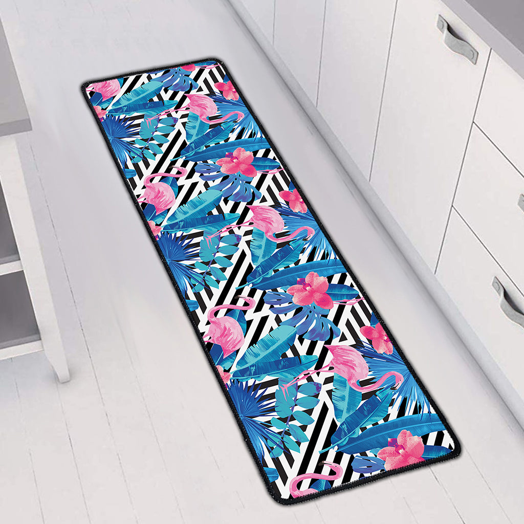 Blue Tropical And Pink Flamingo Print Long Kitchen Mat