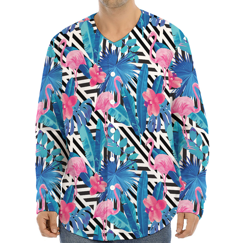 Blue Tropical And Pink Flamingo Print Long Sleeve Baseball Jersey