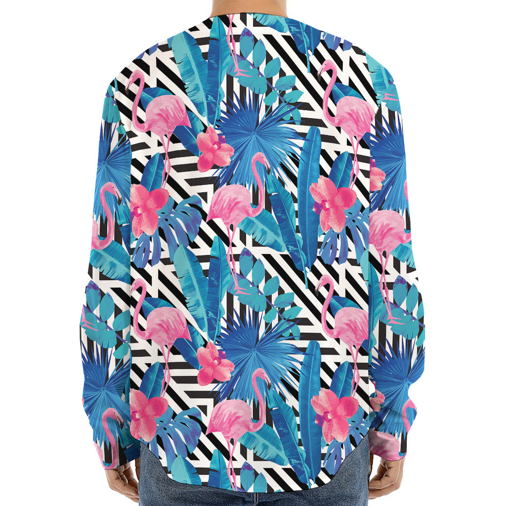 Blue Tropical And Pink Flamingo Print Long Sleeve Baseball Jersey