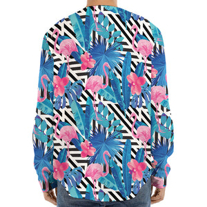 Blue Tropical And Pink Flamingo Print Long Sleeve Baseball Jersey