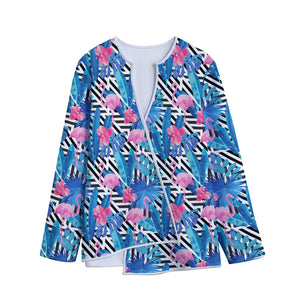 Blue Tropical And Pink Flamingo Print Long Sleeve Short Coat