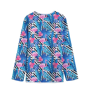 Blue Tropical And Pink Flamingo Print Long Sleeve Short Coat