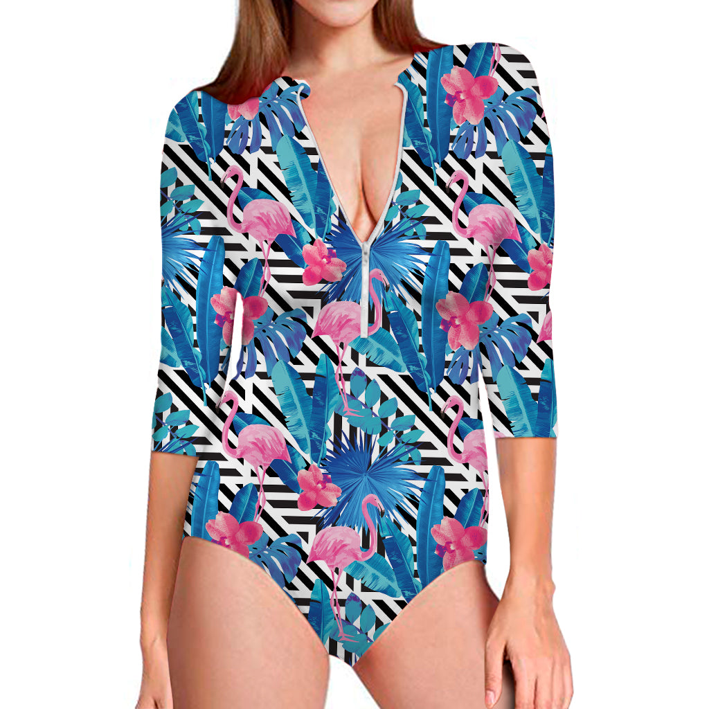 Blue Tropical And Pink Flamingo Print Long Sleeve Swimsuit