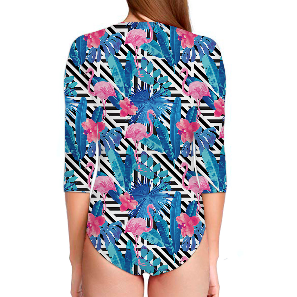 Blue Tropical And Pink Flamingo Print Long Sleeve Swimsuit