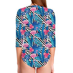 Blue Tropical And Pink Flamingo Print Long Sleeve Swimsuit