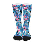 Blue Tropical And Pink Flamingo Print Long Socks
