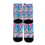 Blue Tropical And Pink Flamingo Print Long Socks