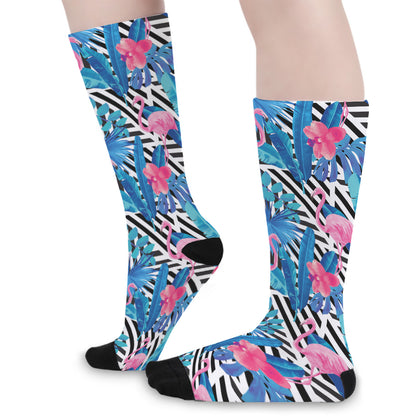 Blue Tropical And Pink Flamingo Print Long Socks