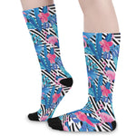 Blue Tropical And Pink Flamingo Print Long Socks