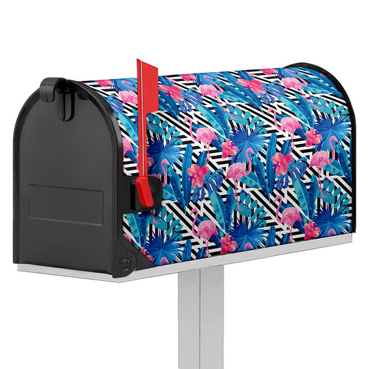 Blue Tropical And Pink Flamingo Print Mailbox Cover