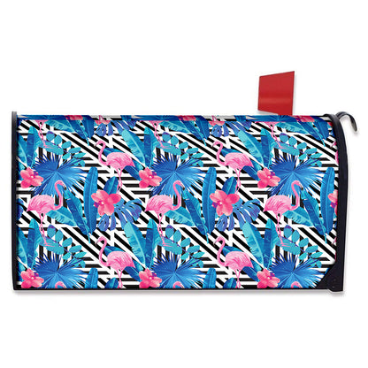 Blue Tropical And Pink Flamingo Print Mailbox Cover