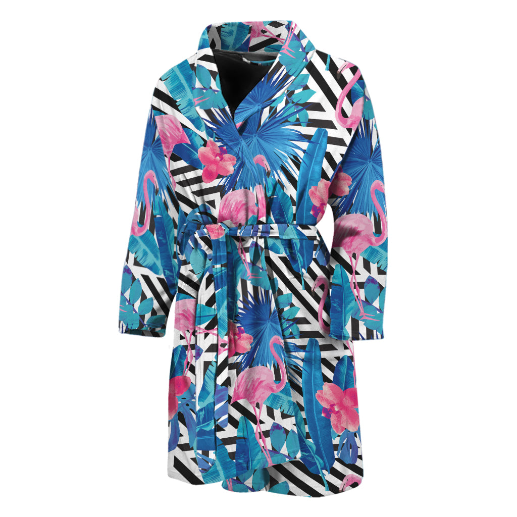 Blue Tropical And Pink Flamingo Print Men's Bathrobe