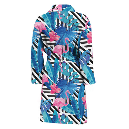 Blue Tropical And Pink Flamingo Print Men's Bathrobe