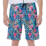 Blue Tropical And Pink Flamingo Print Men's Beach Shorts
