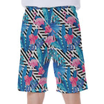 Blue Tropical And Pink Flamingo Print Men's Beach Shorts