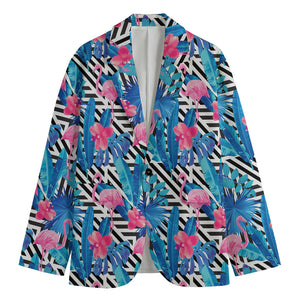 Blue Tropical And Pink Flamingo Print Men's Blazer