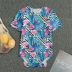 Blue Tropical And Pink Flamingo Print Men's Bodysuit