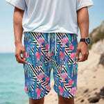 Blue Tropical And Pink Flamingo Print Men's Cargo Shorts