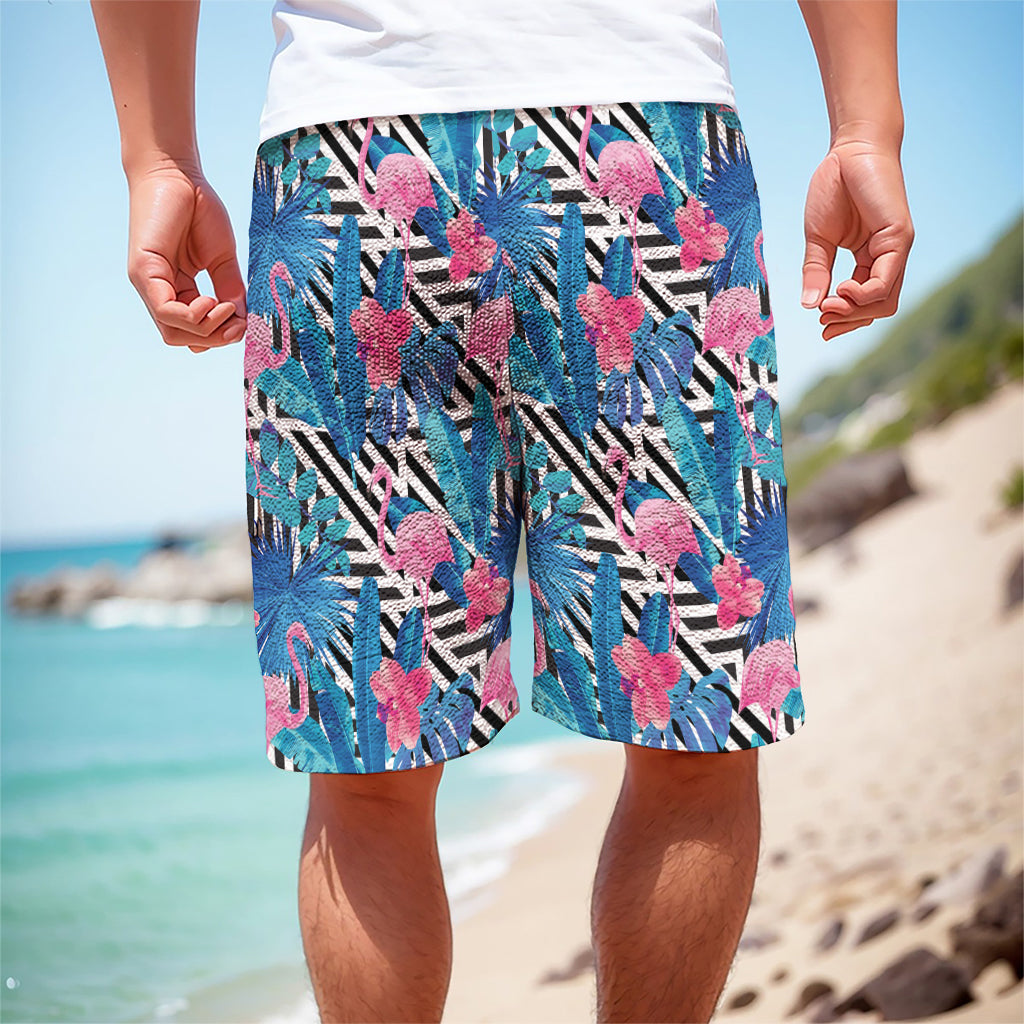 Blue Tropical And Pink Flamingo Print Men's Cargo Shorts