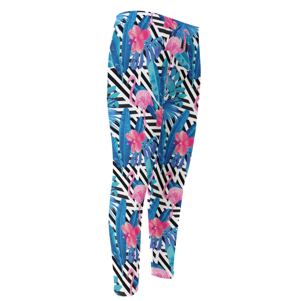 Blue Tropical And Pink Flamingo Print Men's Compression Pants