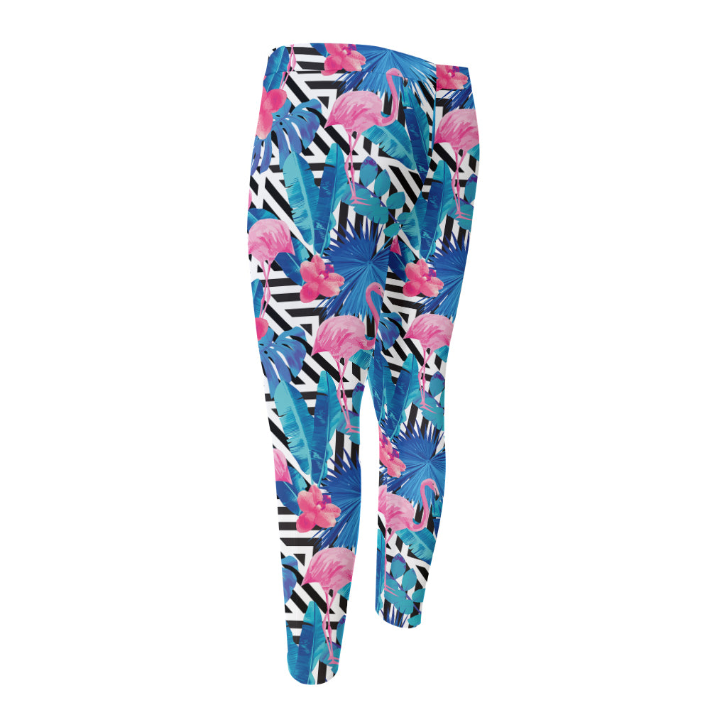 Blue Tropical And Pink Flamingo Print Men's Compression Pants