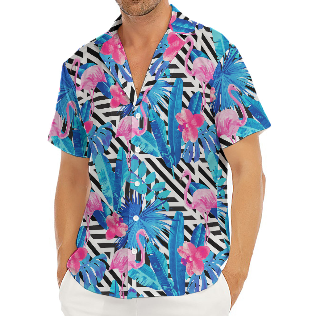 Blue Tropical And Pink Flamingo Print Men's Deep V-Neck Shirt