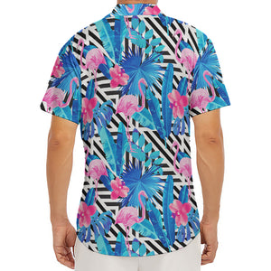 Blue Tropical And Pink Flamingo Print Men's Deep V-Neck Shirt