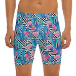 Blue Tropical And Pink Flamingo Print Men's Long Boxer Briefs