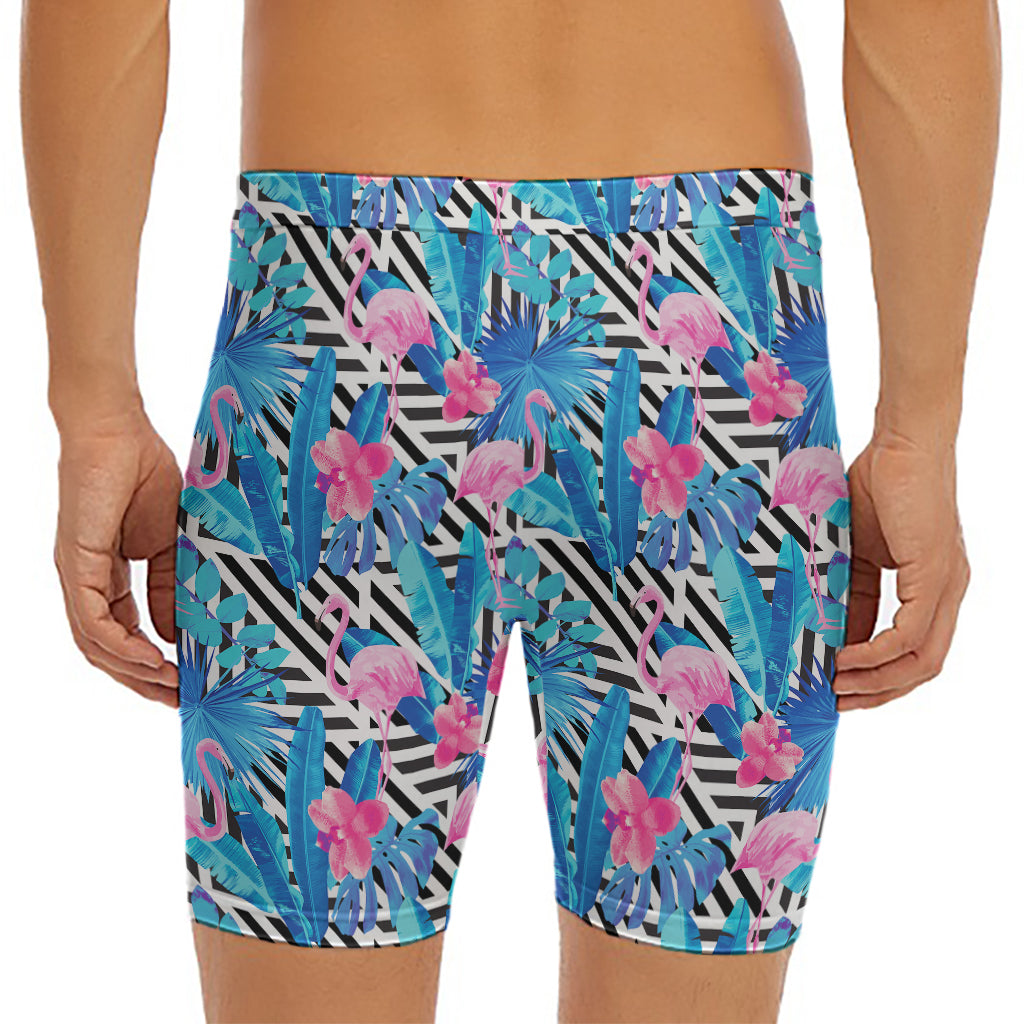 Blue Tropical And Pink Flamingo Print Men's Long Boxer Briefs