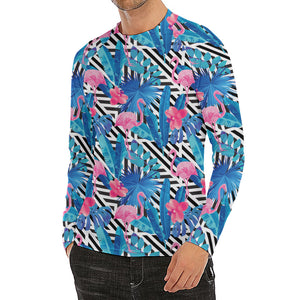 Blue Tropical And Pink Flamingo Print Men's Long Sleeve Rash Guard