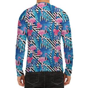 Blue Tropical And Pink Flamingo Print Men's Long Sleeve Rash Guard