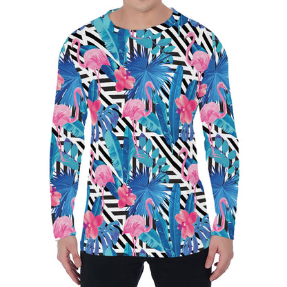 Blue Tropical And Pink Flamingo Print Men's Long Sleeve T-Shirt