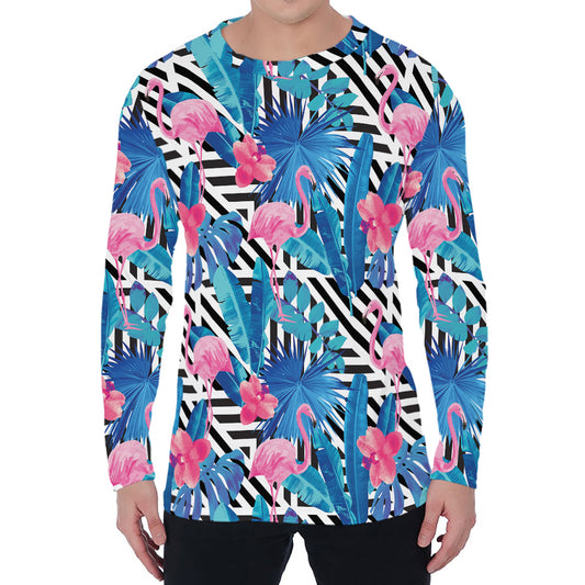 Blue Tropical And Pink Flamingo Print Men's Long Sleeve T-Shirt