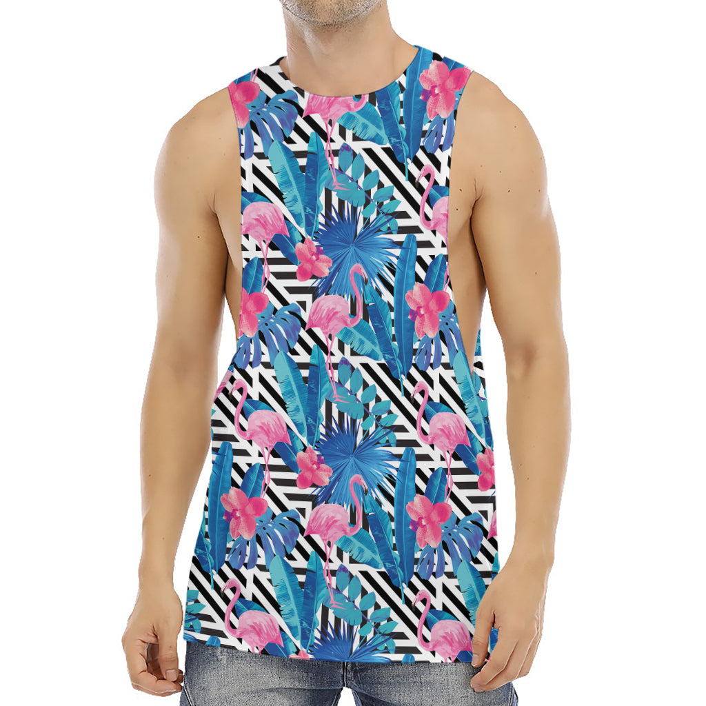 Blue Tropical And Pink Flamingo Print Men's Muscle Tank Top