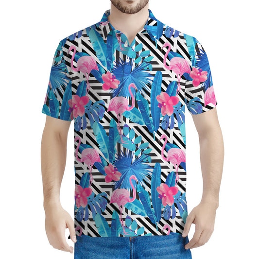 Blue Tropical And Pink Flamingo Print Men's Polo Shirt
