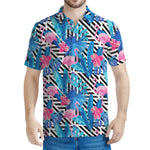 Blue Tropical And Pink Flamingo Print Men's Polo Shirt