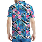 Blue Tropical And Pink Flamingo Print Men's Polo Shirt