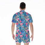 Blue Tropical And Pink Flamingo Print Men's Rompers