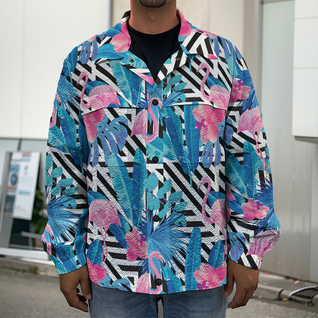 Blue Tropical And Pink Flamingo Print Men's Shirt Jacket