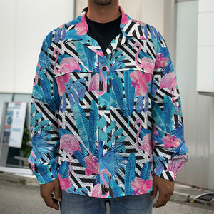 Blue Tropical And Pink Flamingo Print Men's Shirt Jacket