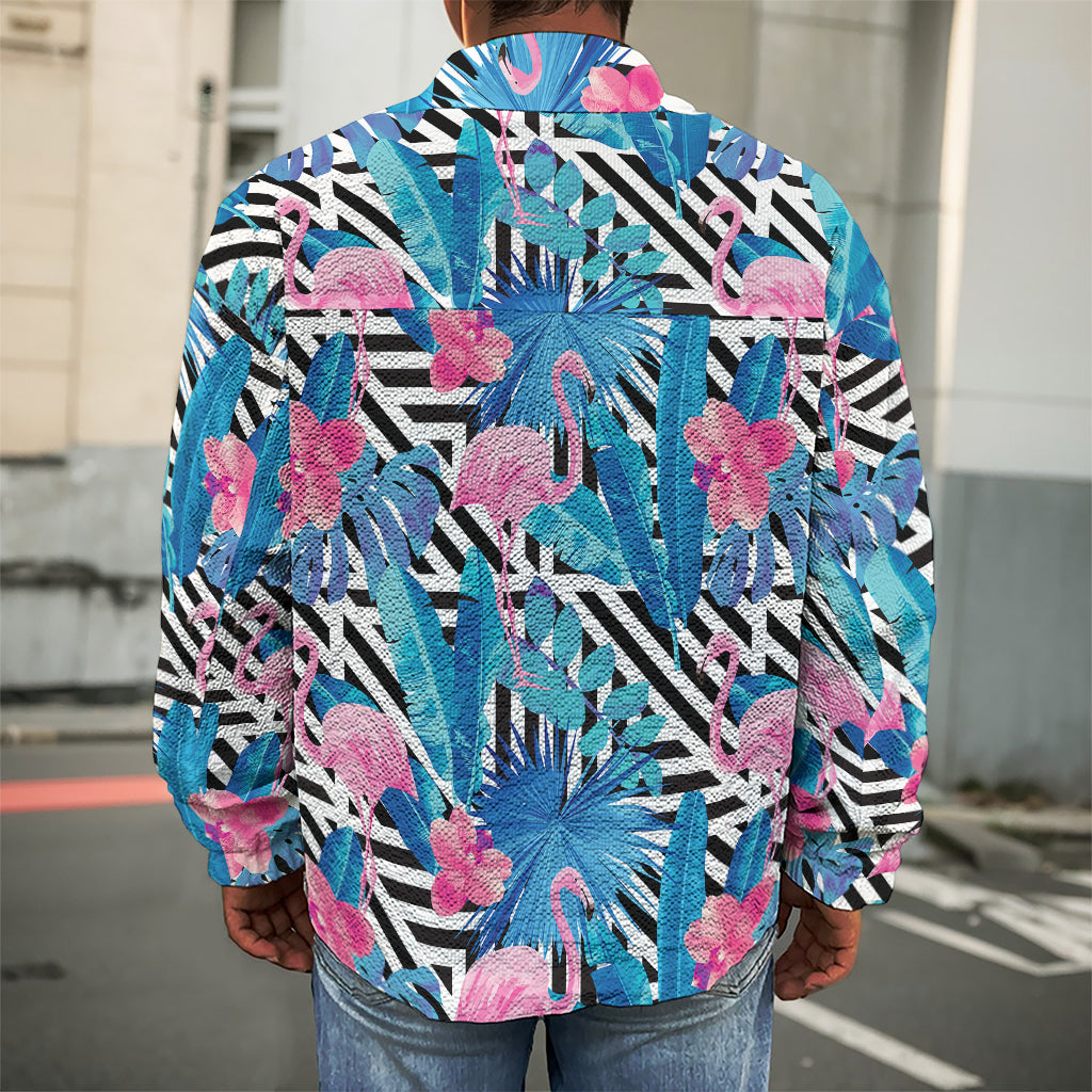 Blue Tropical And Pink Flamingo Print Men's Shirt Jacket