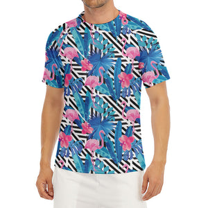 Blue Tropical And Pink Flamingo Print Men's Short Sleeve Rash Guard