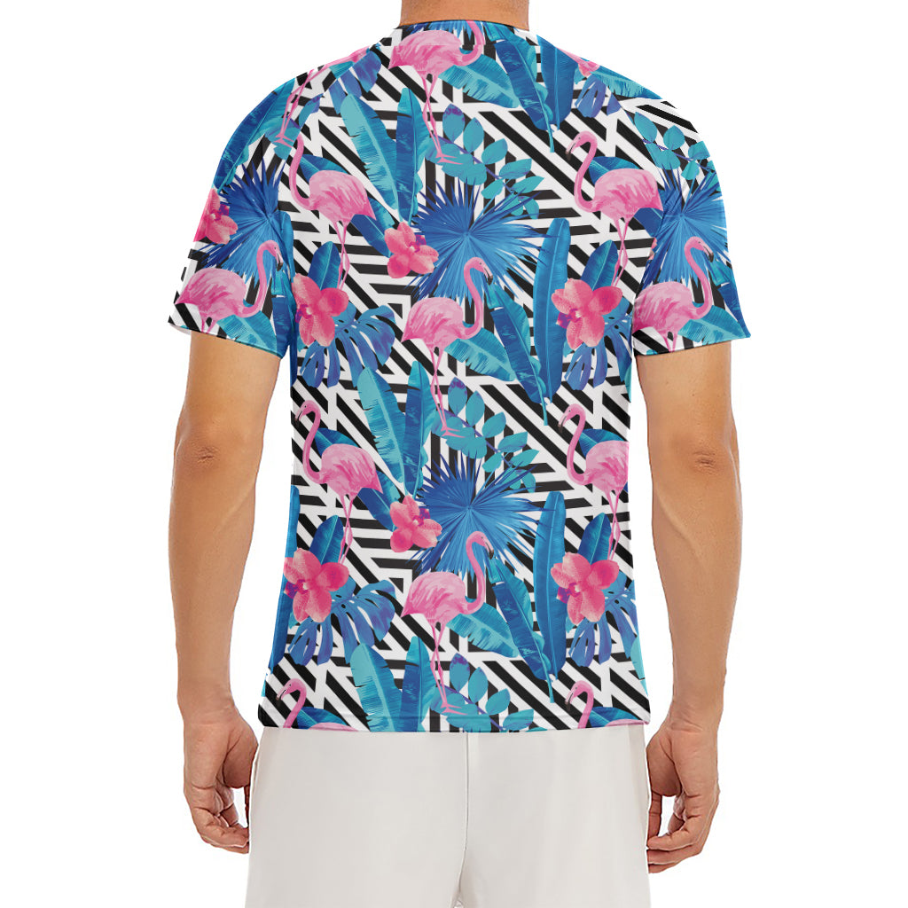 Blue Tropical And Pink Flamingo Print Men's Short Sleeve Rash Guard