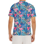 Blue Tropical And Pink Flamingo Print Men's Short Sleeve Rash Guard