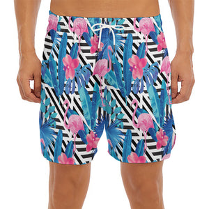 Blue Tropical And Pink Flamingo Print Men's Split Running Shorts