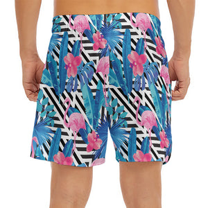 Blue Tropical And Pink Flamingo Print Men's Split Running Shorts