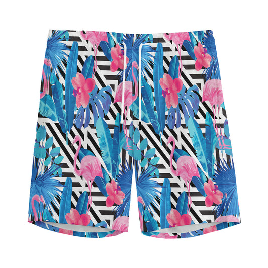 Blue Tropical And Pink Flamingo Print Men's Sports Shorts