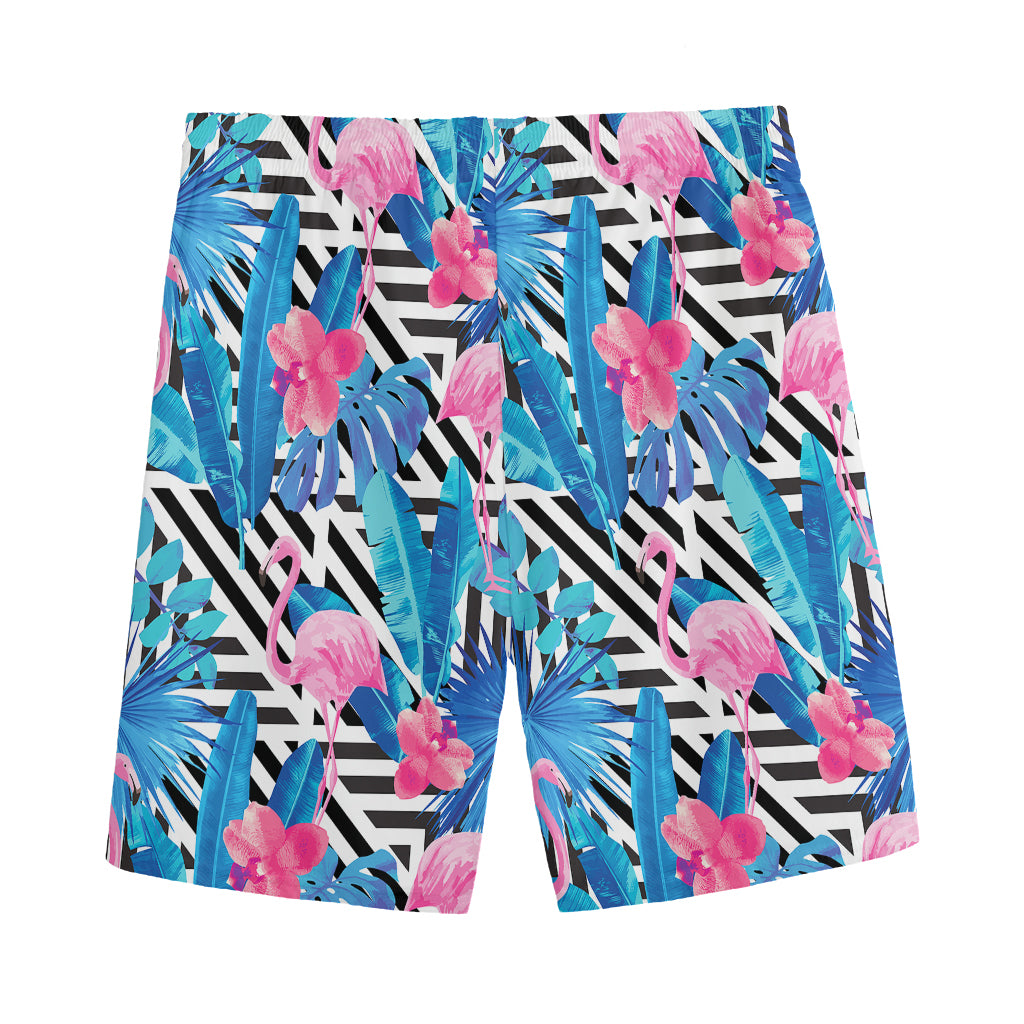 Blue Tropical And Pink Flamingo Print Men's Sports Shorts