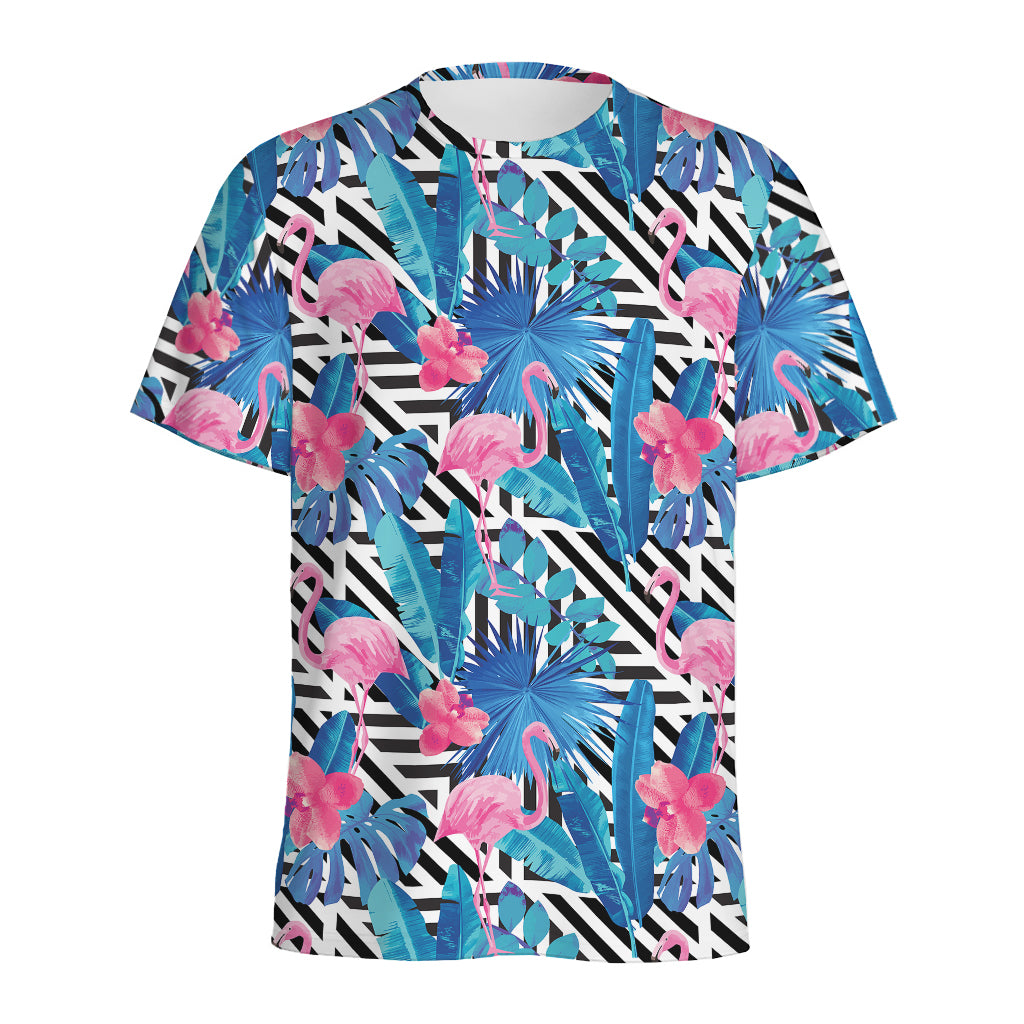 Blue Tropical And Pink Flamingo Print Men's Sports T-Shirt