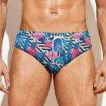 Blue Tropical And Pink Flamingo Print Men's Swim Briefs